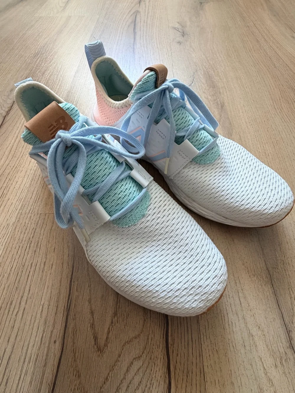 New Balance White Sneakers with Pastel Blue, Mint, and Peach Accents